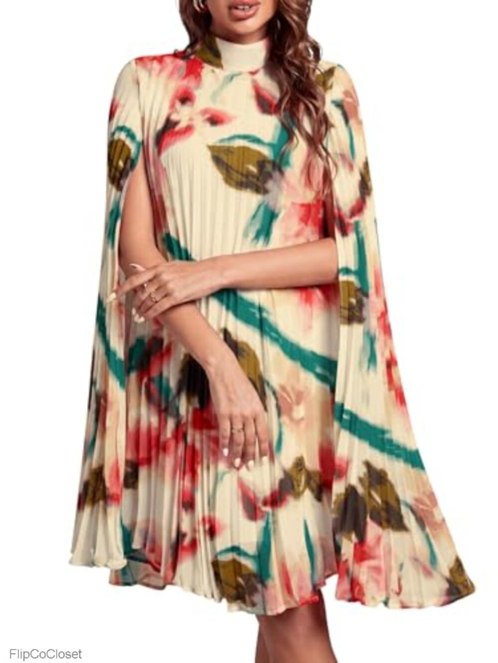 Women's Cloak Sleeve Pleated Party Midi Dress Mock Neck Long Sleeve